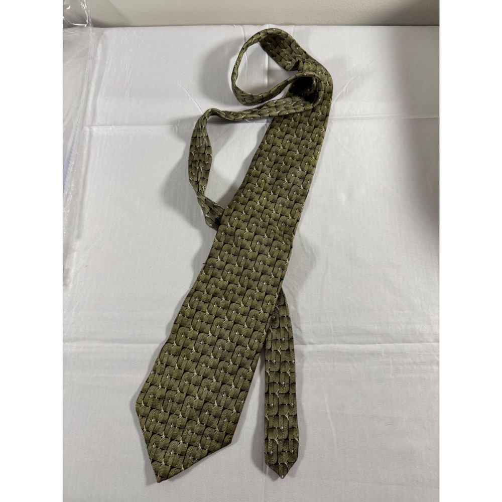 Bellini New York Milan Mens Silk Necktie Olive Green Geometric Grid Textured Tie
